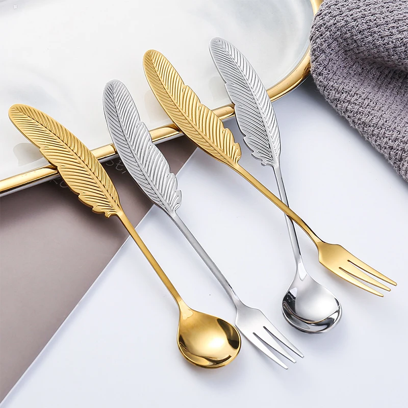 

New design plume coffee spoon stainless steel tea spoon cake dessert fork cutlery set