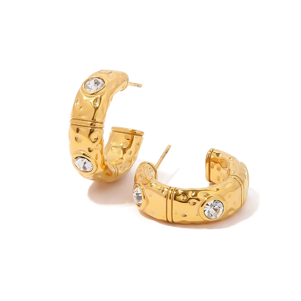 

Classic Huge Zircon Inlaid C-shaped Earrings 18K Gold Stainless Steel Stud Earrings For Girls