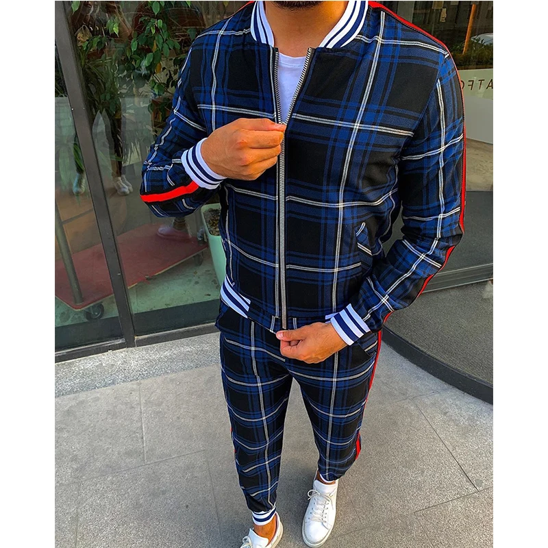 

New Fashion Jackets Men Tracksuit Sets Colorful Plaid Men Casual Zipper Set Autumn Tracksuit Set Male Sweatshirt Pocket