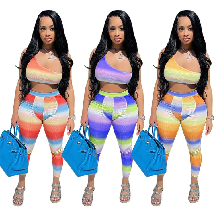 

Gradient Striped One Shoulder Crop Tops and Skinny Legging Fitness Tracksuit Women Summer Clothing Sexy Bodycon Two Piece Suits, As picture