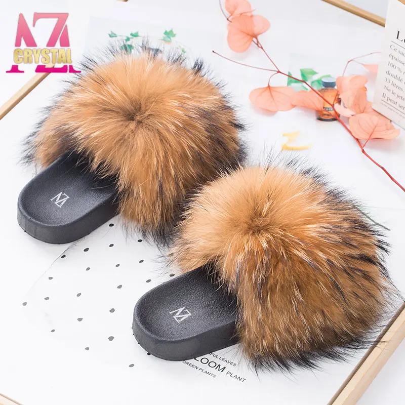 

USA big thick brown racoon custom designer logo real womens raccoon furry fluffy fur slides slippers sandals pvc for women kids, Any color can make