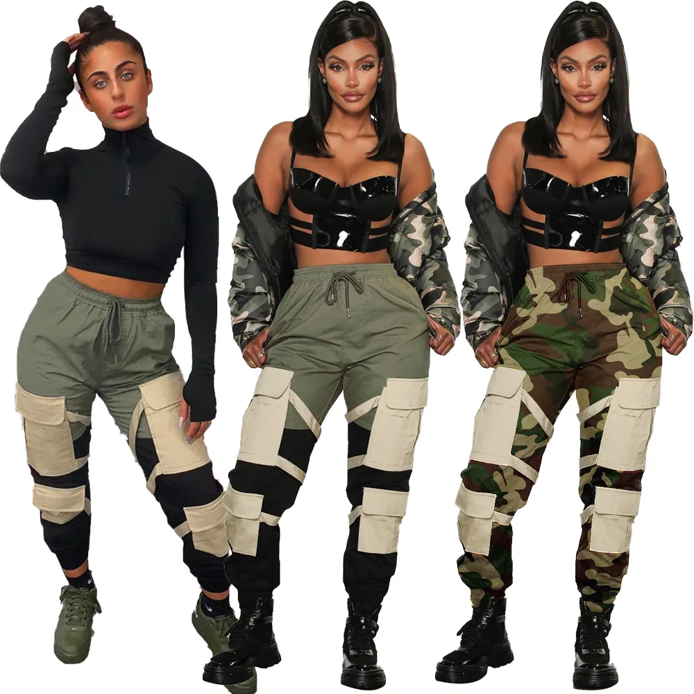

Y107125 Women's Sport casual Pants Extra Size Streetwear Spring Summer Trousers Girls Multi-Pocket Camo Cargo Pants