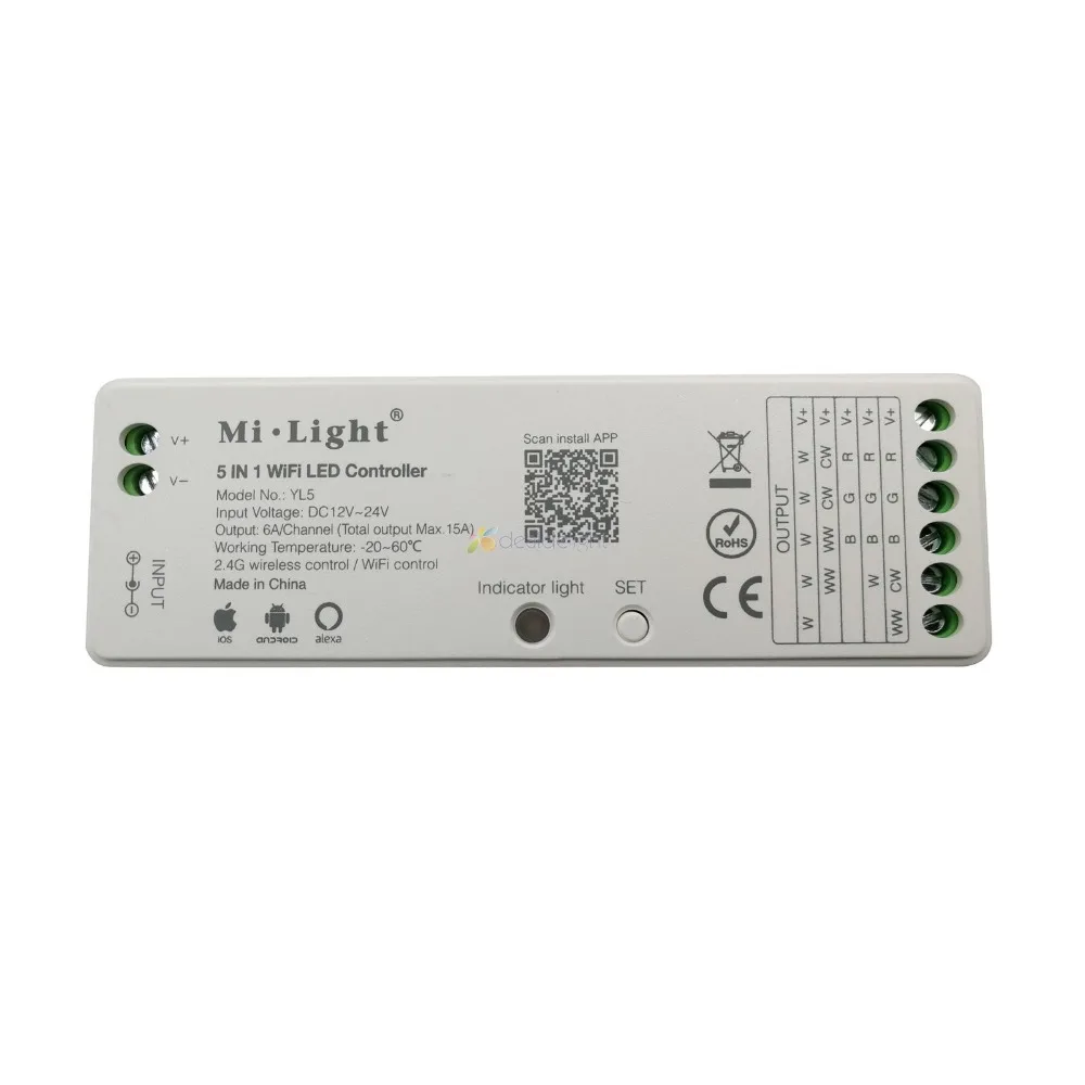 Milight YL5  For Single color, CCT, RGB, RGBW, RGB+CCT strip Support Amazon Alexa Voice  2.4G 15A 5 IN 1 WiFi Controller