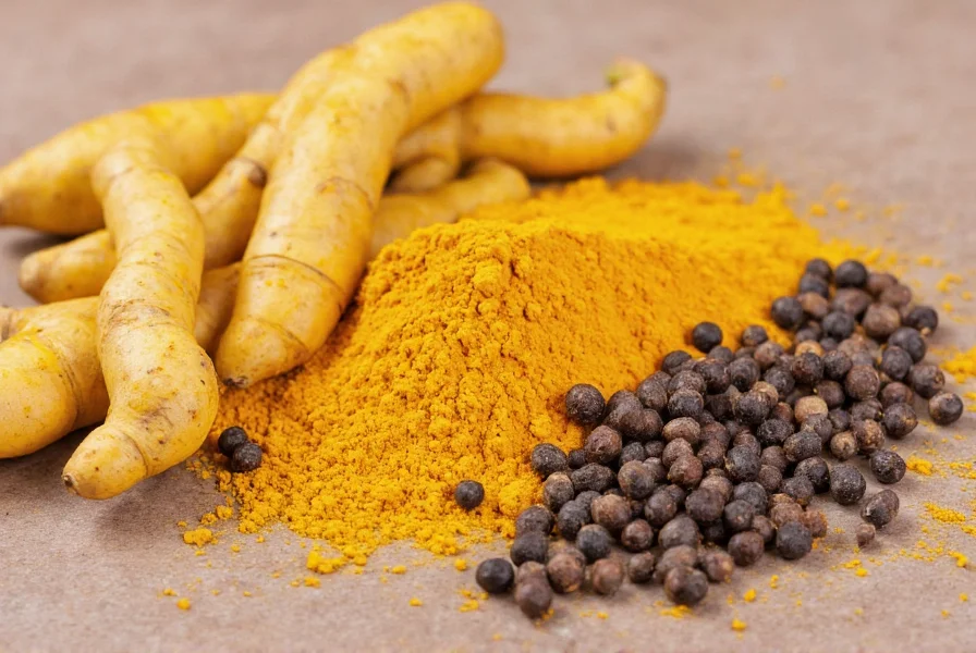 Golden turmeric root beside fresh black pepper corns and ground turmeric powder showing natural spice combination for maximum absorption