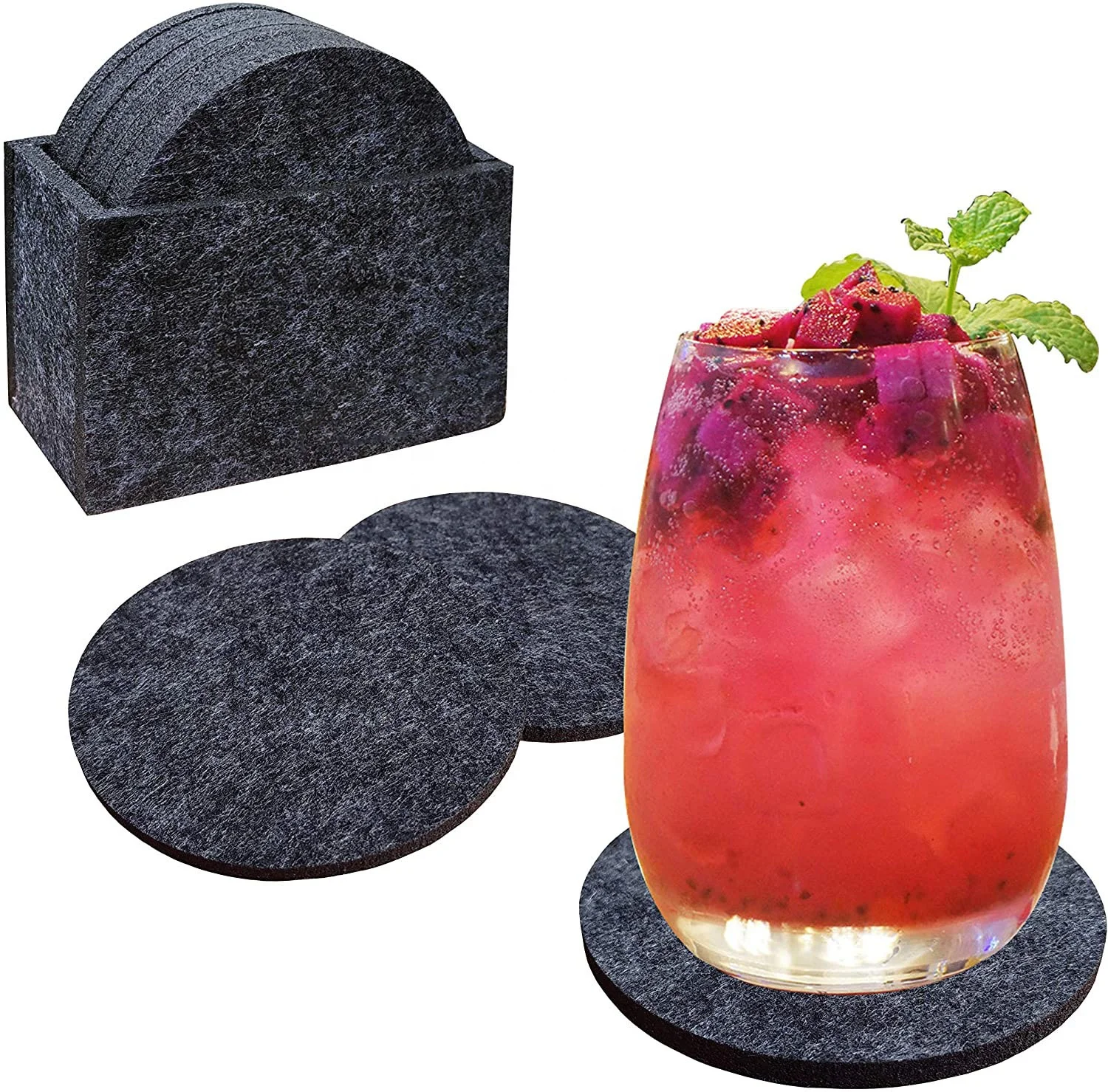 

TCM-A701 Unique Round Square Felt Drink Coaster Cup Mat Premium Felt Cup Glass Coasters Set with Holder, Grey or customized
