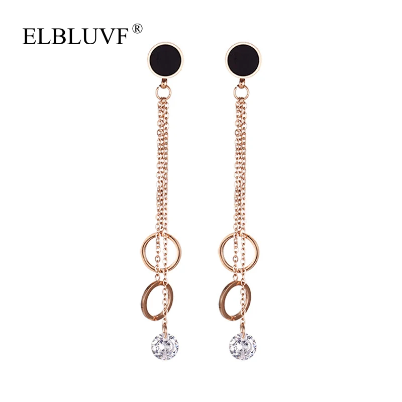 

ELBLUVF 2020 New Simple Stainless Steel Rose Gold Plated Circle Zircon Tassel Pendant Earrings For Women
