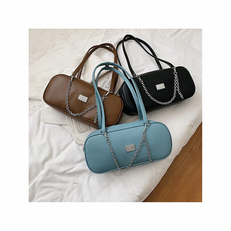 

Women Large Capacity Vintage Duffle Bag Travel Chain Link Underam Bags Zipper PU Leather Weekend Bag Portable Shoulder Handbag