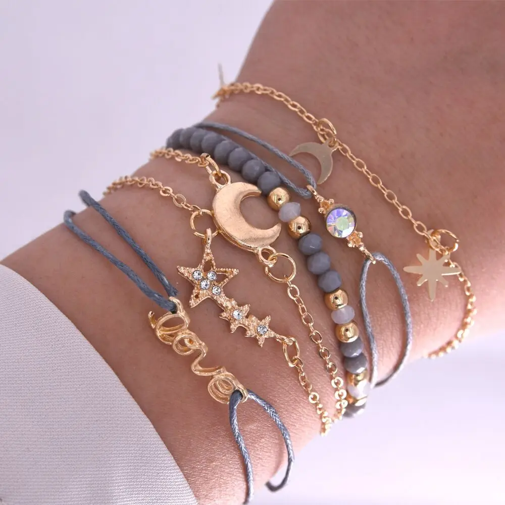 

Wholesale 6pcs Women Fashion Alloy Multilayer ankle bracelet Beads Bracelet Set