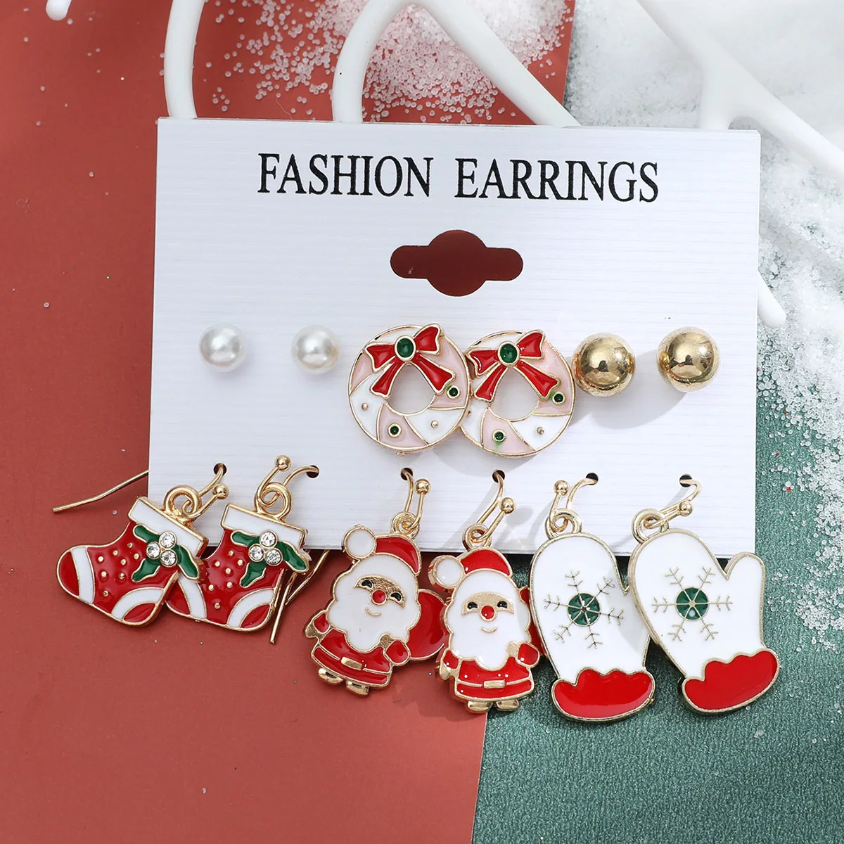 

Hot Selling Fashion Cartoon Christmas Series Snowflake Bell Enamel Cane Old Man Earrings Christmas Earring Set