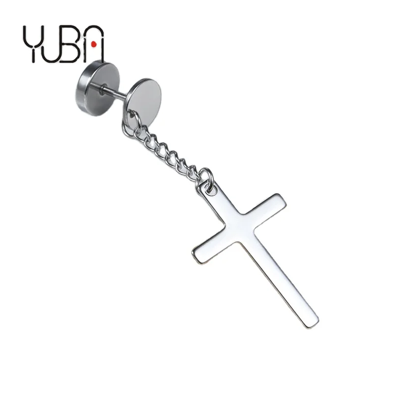 

Single Side Fashion Men Stud Earrings Rapper Rock Jewelry Punk Gothic Cross Drop Earrings Women Men, Gold, silver, black