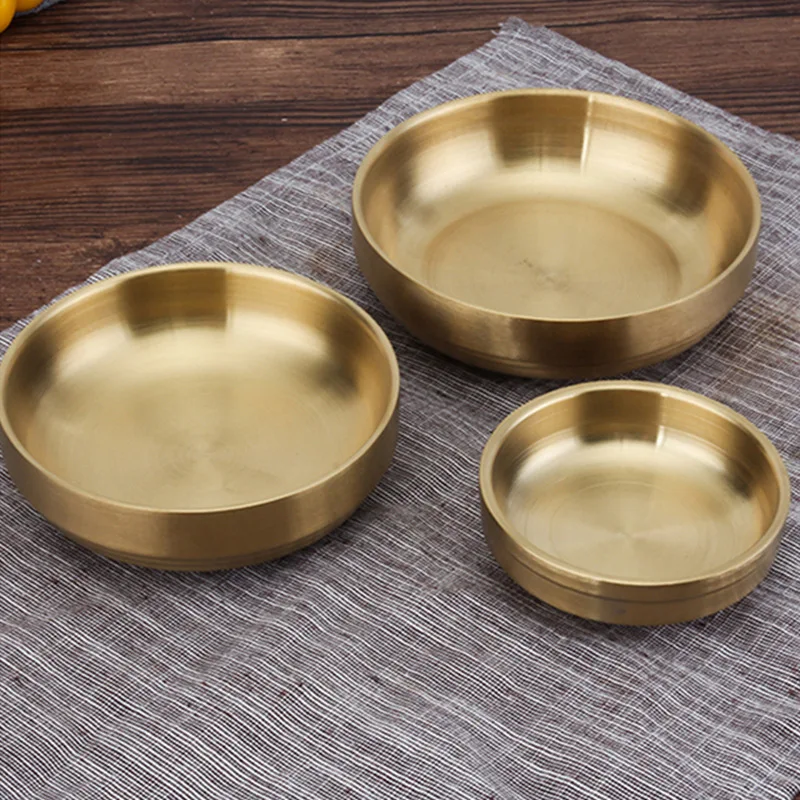 

Stainless steel double wall bowl gold plated Kimchi plate dish bowl Sauce vinegar dish Snack plates, Silver/golden