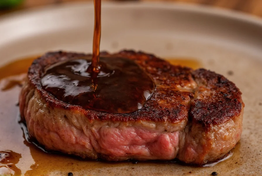 Close-up of glossy black peppercorn sauce being poured over medium-rare steak with visible cracked pepper crust