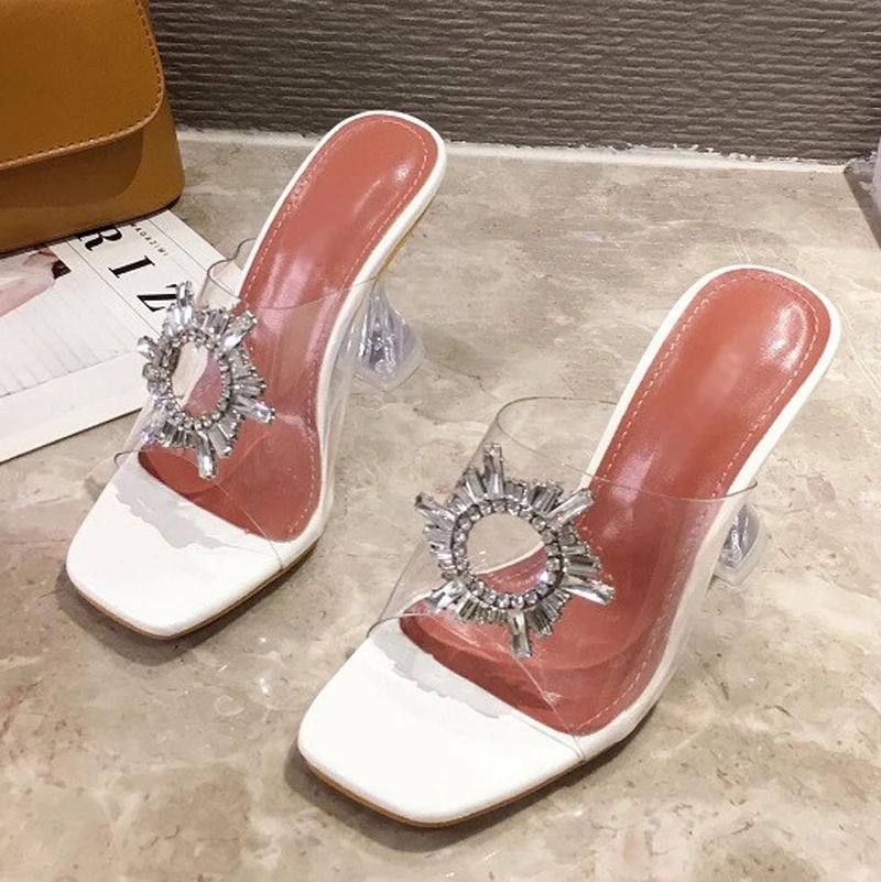 

Fashion Crystal Sun Flowers Buckle Ladies Slippers Elegant Square Toe Transparent Spike Heels Sandals Party ladies Shoes