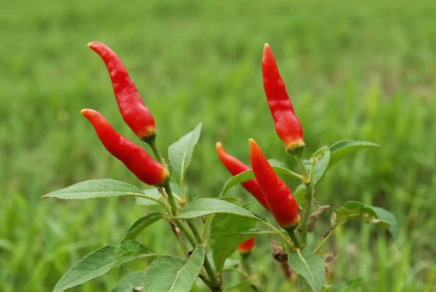 Bird pepper plant with multiple small red peppers growing upright on branches
