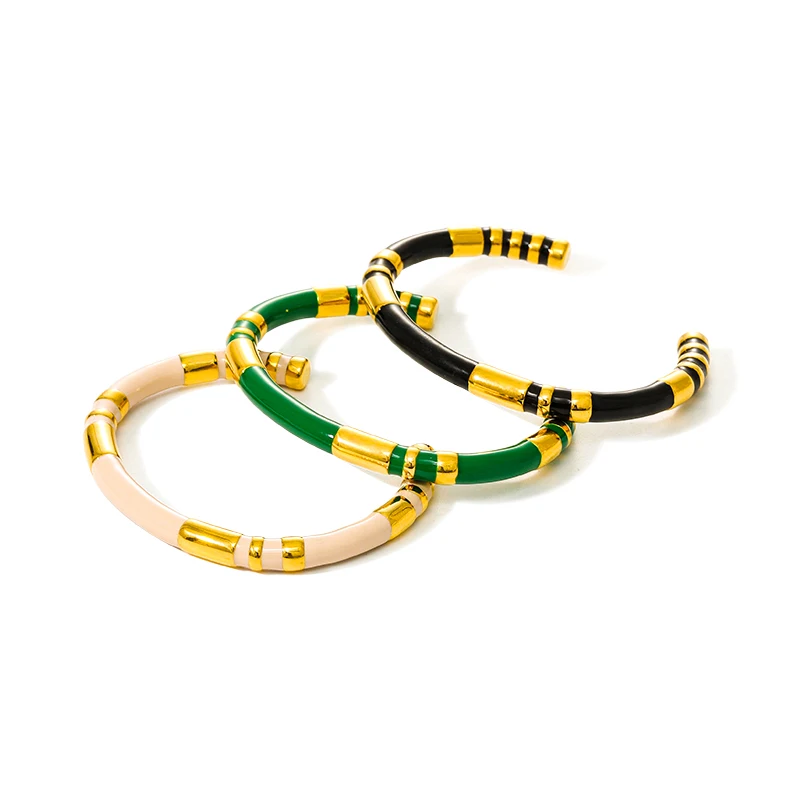 

Non Tarnish Fashion Jewelry Egyptian Revival Style 18K Gold Plating Green Black Enamel Cuff Coated Bracelet Bangle