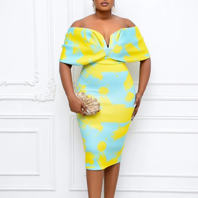 

Summer New V Neck Sexy Off Shoulder Package Hip Women Evening Dress