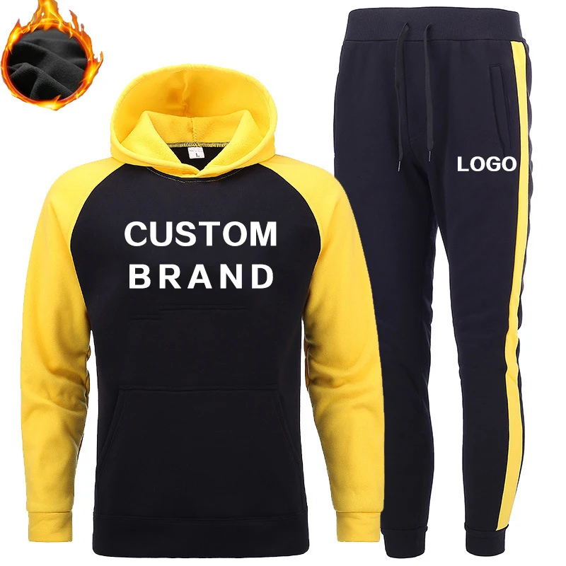 

Men Contrast Color Stripe Tracksuit Pullover Hoodies Pants Set Gym Sports Fitness Thick Sweatsuit Jogging Suits, Customized color