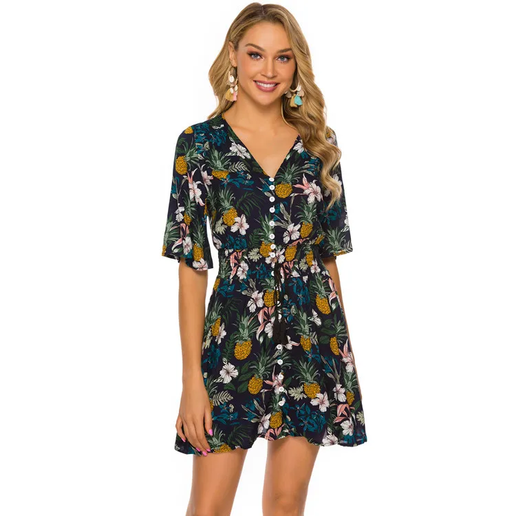 

Ladies Casual Women Dress 100% Polyester Button Closure Women'S Boho Button Up Split Dress Floral Print Flowy Ladies Midi Dress