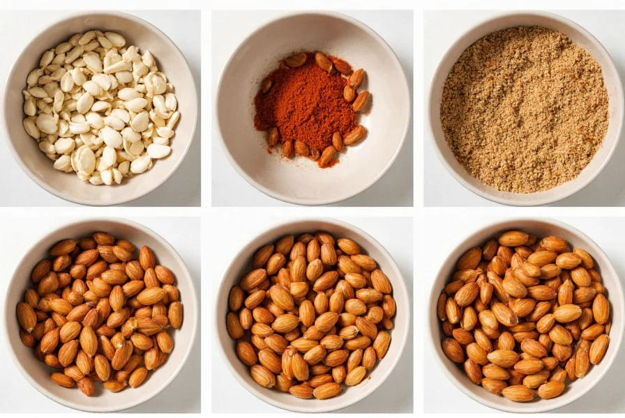 Step-by-step images showing the process of making chili lime almonds from raw almonds to finished product with seasoning mixture