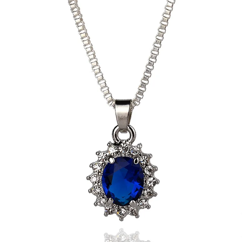 

High Quality Luxury Silver Plated Austrian Crystal Pendant Necklace Ins Box Chain Oval Blue Diamond Sweater Necklace For Ladies