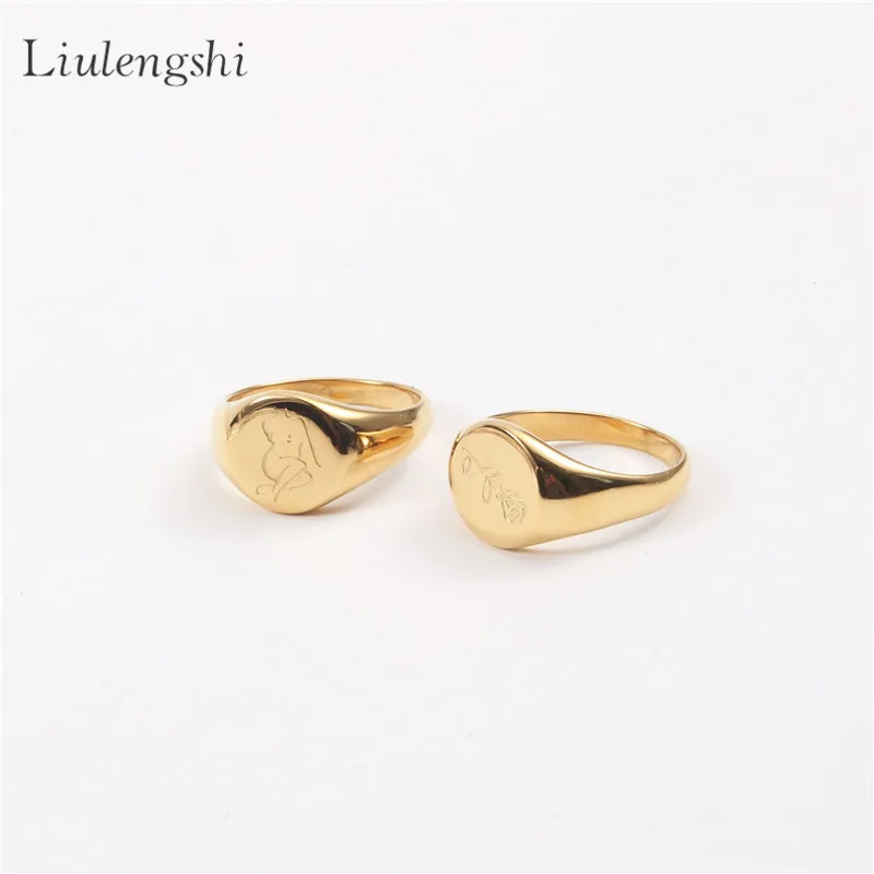 

Non Tarnish Waterproof Jewelry 18K Gold Plated Stainless Steel Abstract Female Body Sign Signet Ring Flower Round Signet Ring