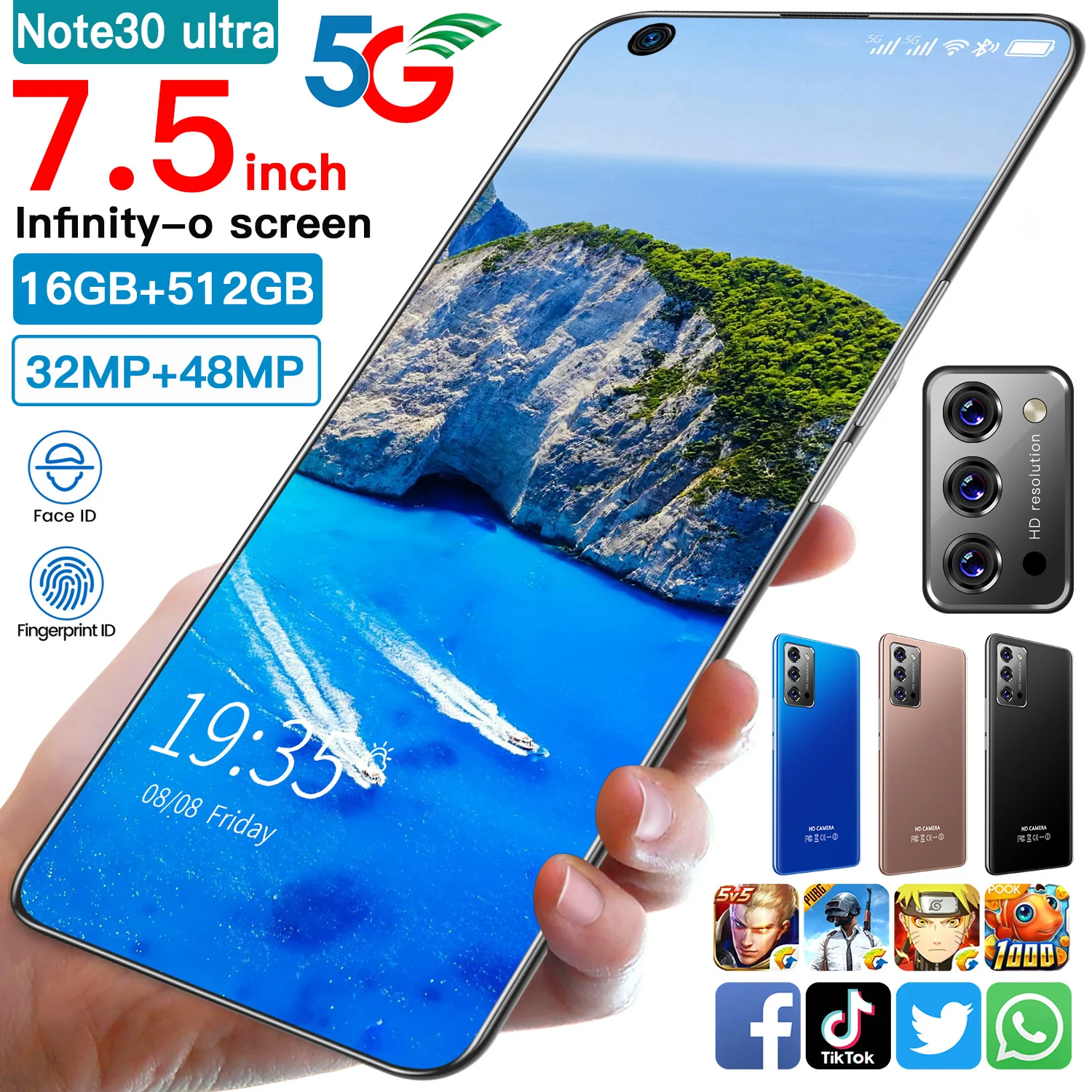 

2021 Hot note30 Android Mobile Phone Beauty Camera 16+512GB 4800mAh Big Battery Long Standby Gaming Smartphone