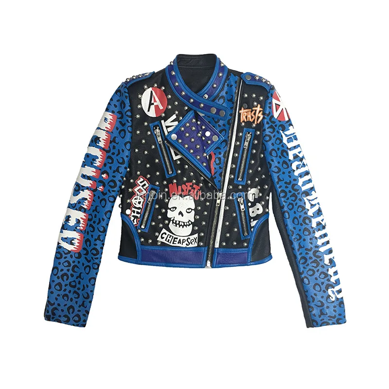 

Autumn Fashion Rivet PU Leather Jacket Woman Cool Biker Blue Jacket Ladies Leopard Print Slim Jackets And Coats