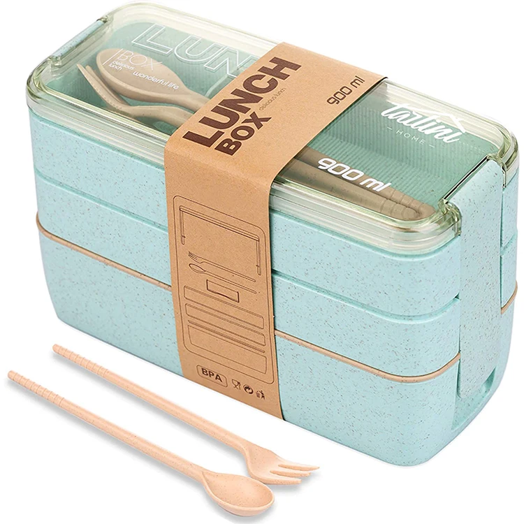 

900ML Japanese Wheat Straw Stackable 3 Layers Office Student Lunch Box Bento Lunch Box With Spoon And Fork