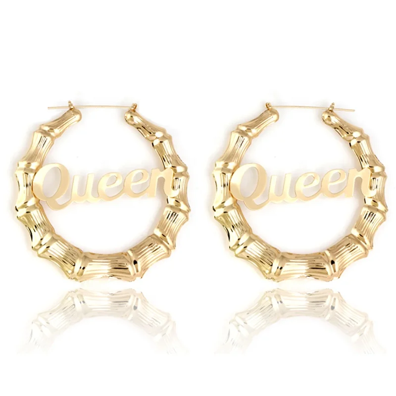 

America Exaggerated Letter Queen 9cm Oversize Gold Hoop Earrings Custom Bamboo Hoop Earrings, 18k gold