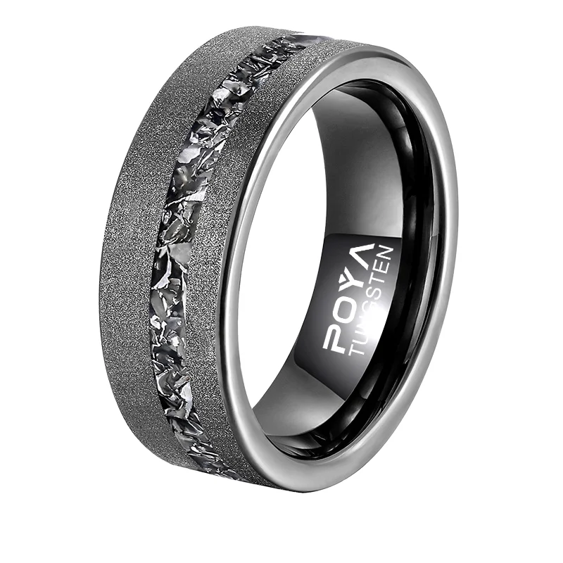POYA Anniversary Jewelry 8mm Sandblastedgunmetal Meteorite Inlay Tungsten Ring for Men Unique Gift