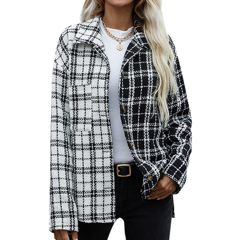 Custom 2023 New Arrival Women Coats Single Breasted Black-White Plaid shirt Check Long Sleeve Ladies Coat Jacket