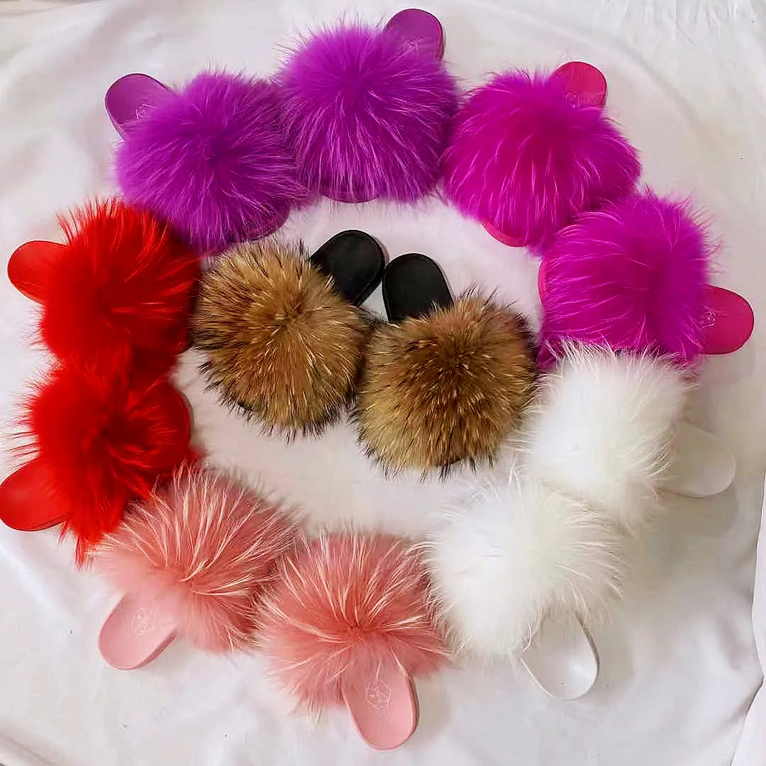 

Wholesale Custom Fashion Fluffy Furry Real Raccoon Fur Slipper Shoes Women Summer Pantuflas Kid Uggh Fox Fur Slippers Fur Slides, Customized color