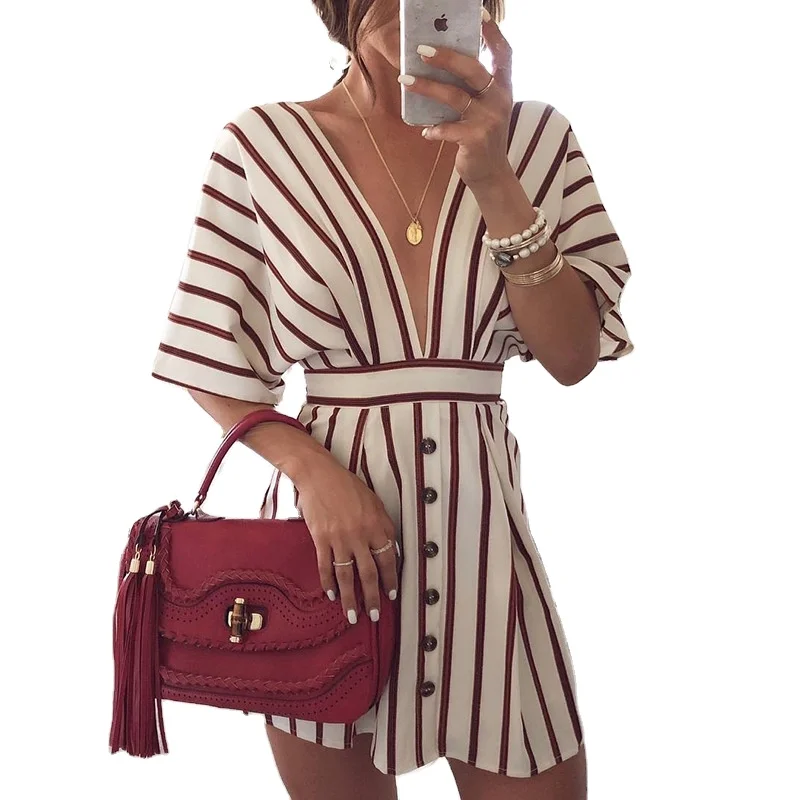 

Hot sale high street deep v neck stripe stain blouse shirt dress, Various color