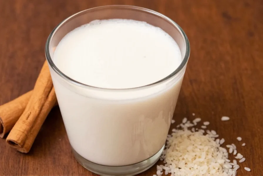 Rice milk with cinnamon served in a ceramic mug alongside breakfast foods