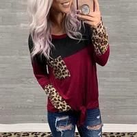 

Women Leopard Printed Pocket knotted Tie T-Shirt Tee - Burgundy