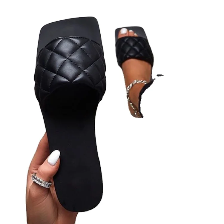 

2020 New Spring Summer Square Toe Flat Women Padded Leather Open Toe Sexy Party Shoes Fashion Slippers Women, As shown in figure