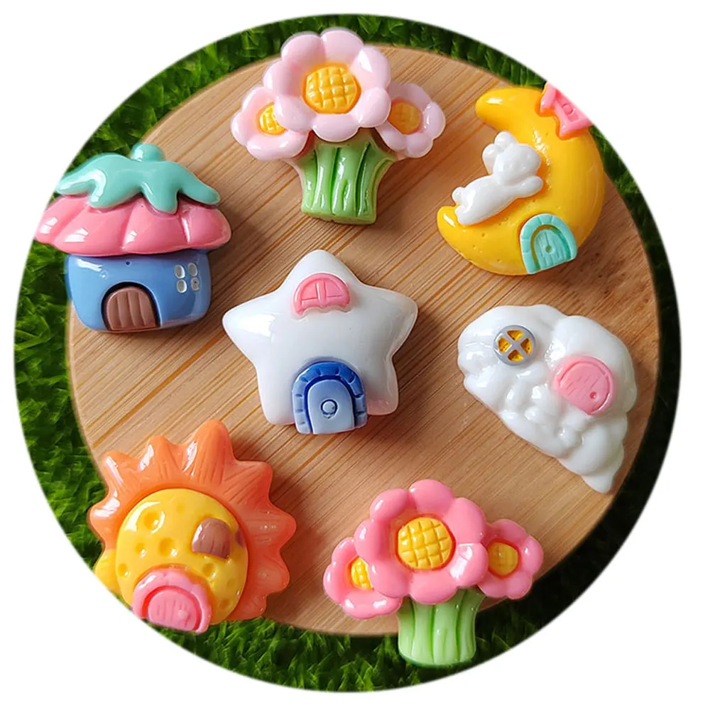 

Kawaii Cartoon Resin Flower Sun Moon Star House Figurines Mini Charms Decorations for Hair Bow Scrapbook