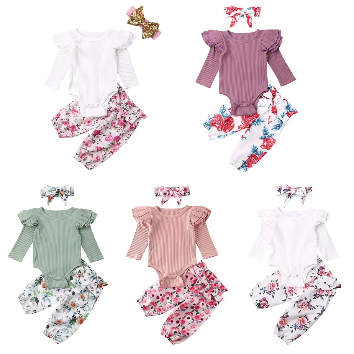 

MIOZING Newborn Infant Baby Girls Tops Romper Floral Pants Outfits Set Clothes