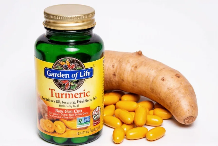 Close-up view of Garden of Life Turmeric capsules next to fresh turmeric root showing organic certification labels
