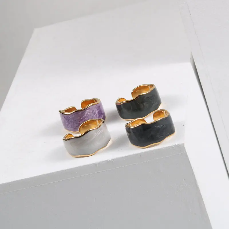 High End 18K Plain Gold Colorful Ice Cream Enamel Open Rings Stainless Steel Trendy Simple Gold Plated Jewelry