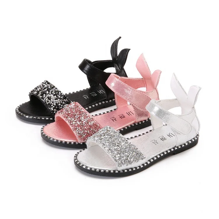 

wholesale anti-slip shinny kids cute rabbit ear design bling children summer footwear princess sweer baby girl sandals shoes, Silver/black/pink