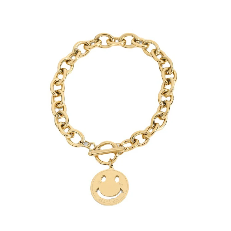 

Wholesale Oval link chain bracelet pulsera smiley lucky 14K gold plated 316L stainless steel lady smiling face bracelet jewelry, Optional as picture,or customized