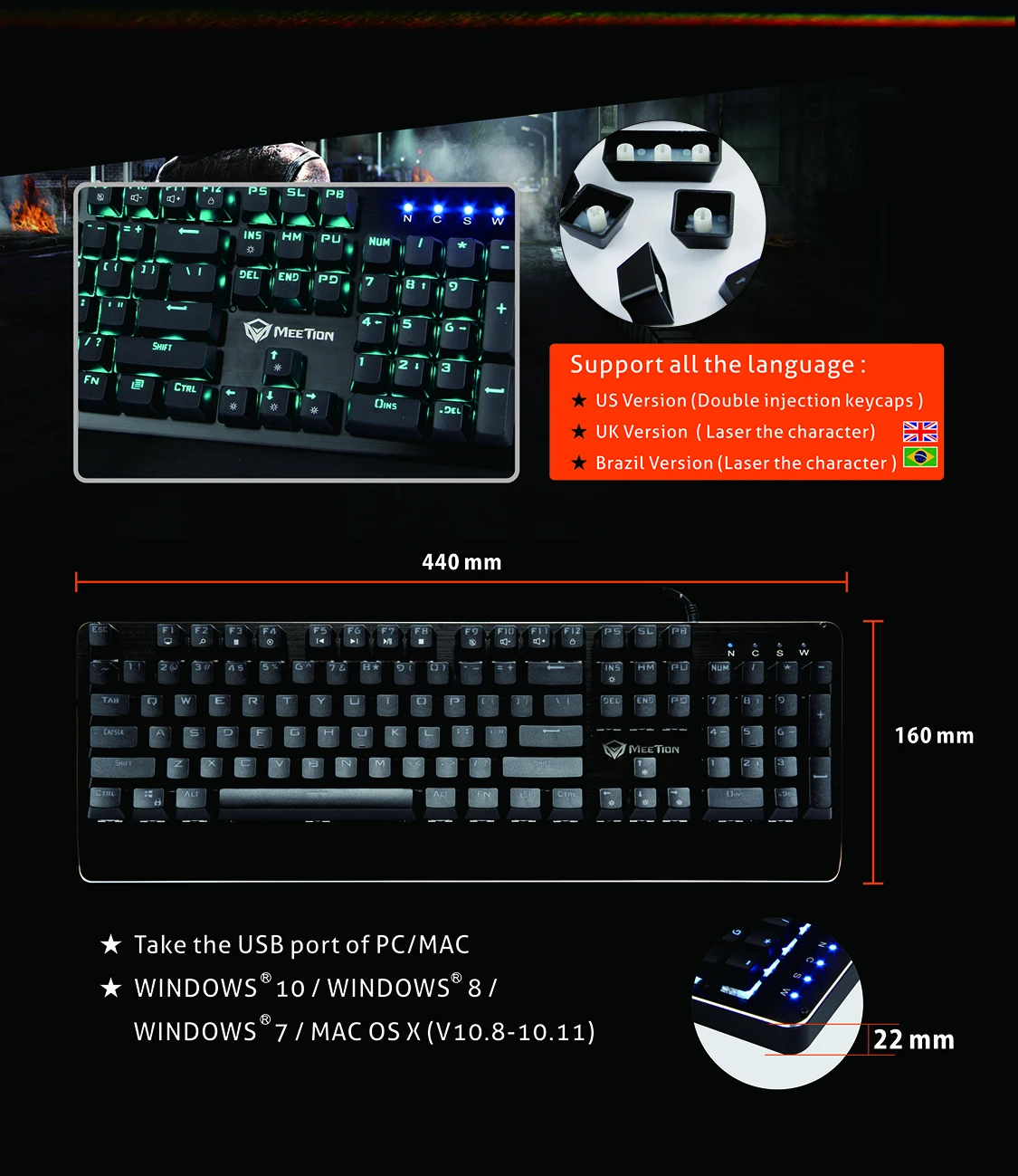 MeeTion MK01 Latest 64 Grade e-sports Game Chips Waterproof Full Keys No Conflict Mechanical Keyboard