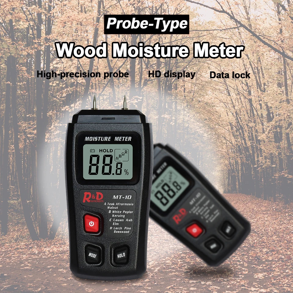 
R&D MT-10 EMT01 Wood Moisture Meter Wood Humidity Tester Hygrometer Timber Damp Detector Tree Density tester ABCD groups Black 