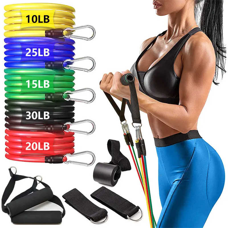 

Hotsell exercise Home fitness Eco friendly Custom Logo 11pcs TPE resistance bands set, Yellow, green, red, blue and black