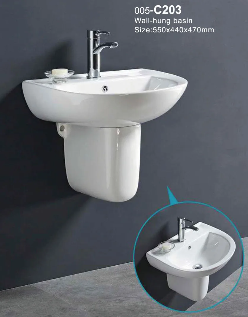 Small Washroom Ceramic Wall Mounted Half Pedestal Basin Wall Hung