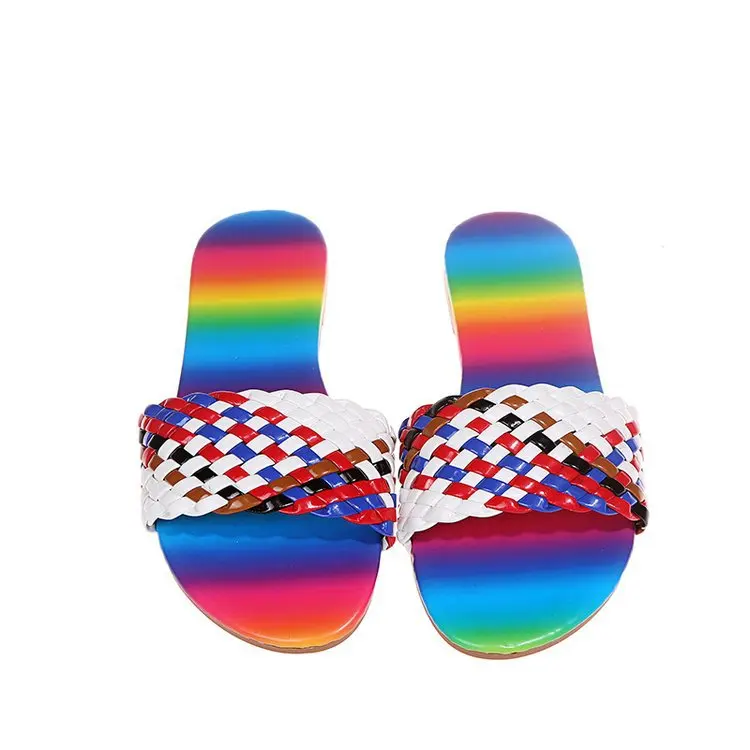 

Curlyfur new arrival sandals rainbow colorful PU open toe summer beach flat women slides