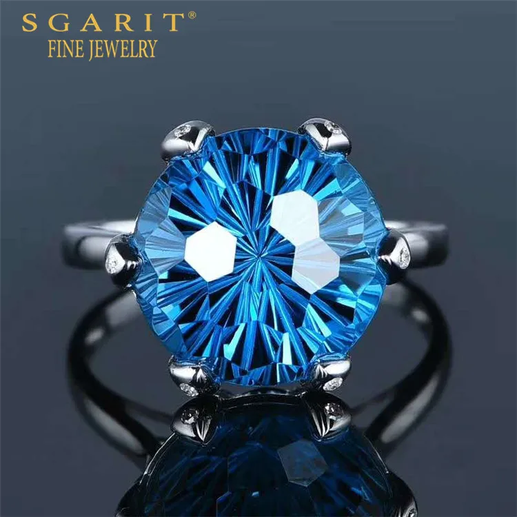 

SGARIT European latest gemstone jewelry wholesale 10.6ct natural London blue topaz 18k gold women finger ring