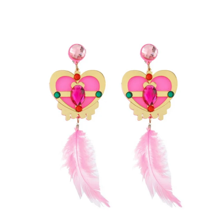 wholesale fashion cute anime girl earings pink heart earrings long feather  hanging earrings for girl's jewelry  buy heart earringshanging