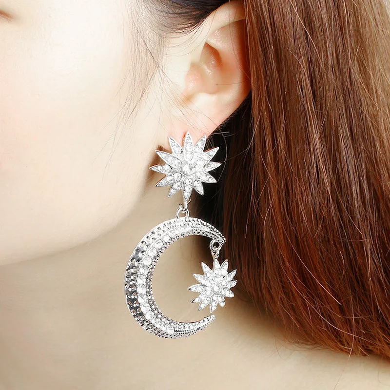 

Fashion Exaggerated Big Stars Moon Diamonds Multi-layer Earrings Women's Long Bohemian Stud Earrings, Silver,gold